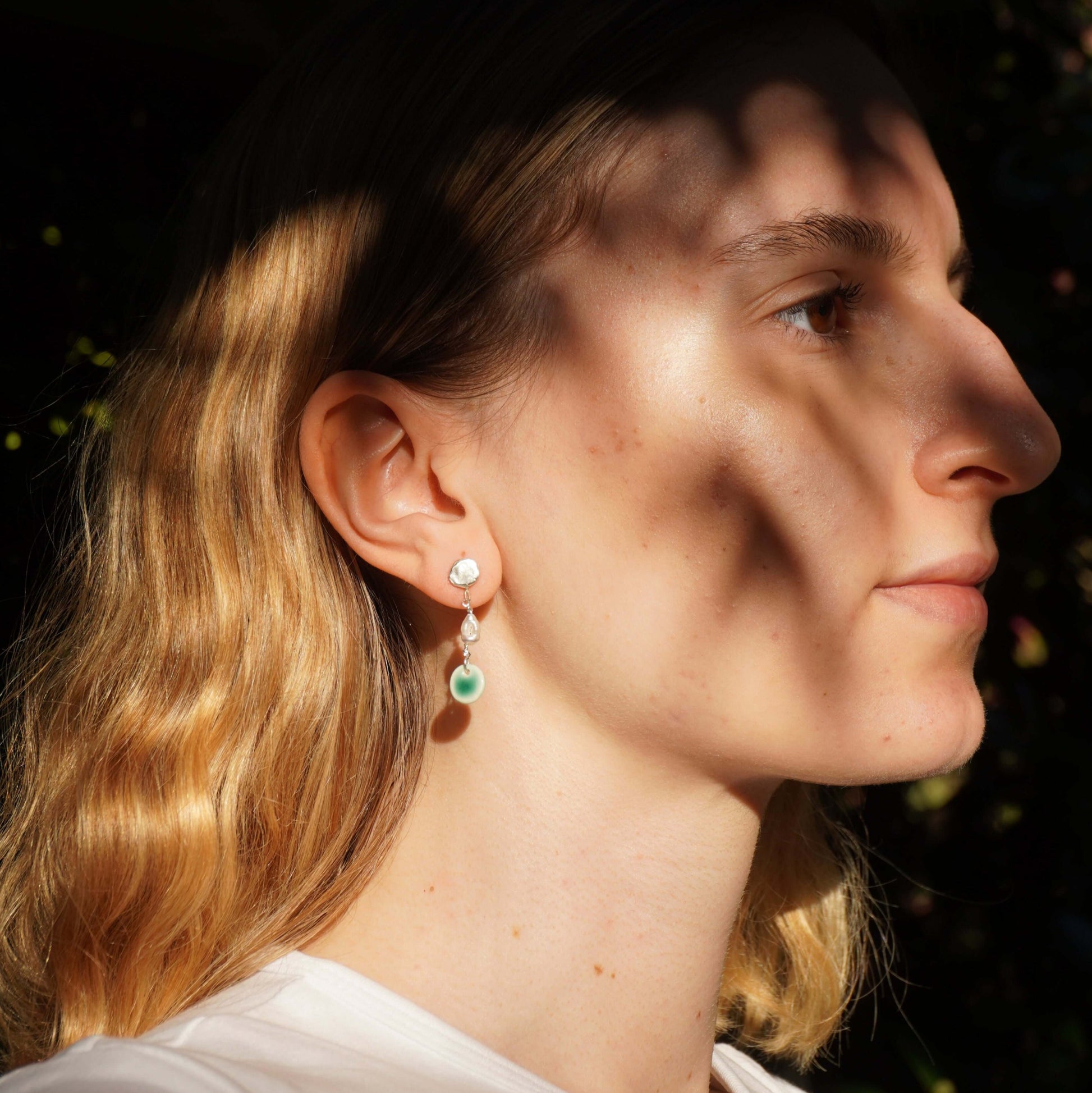 Silver stud drop earring with natural pearl and porcelain green pendant, simplicity