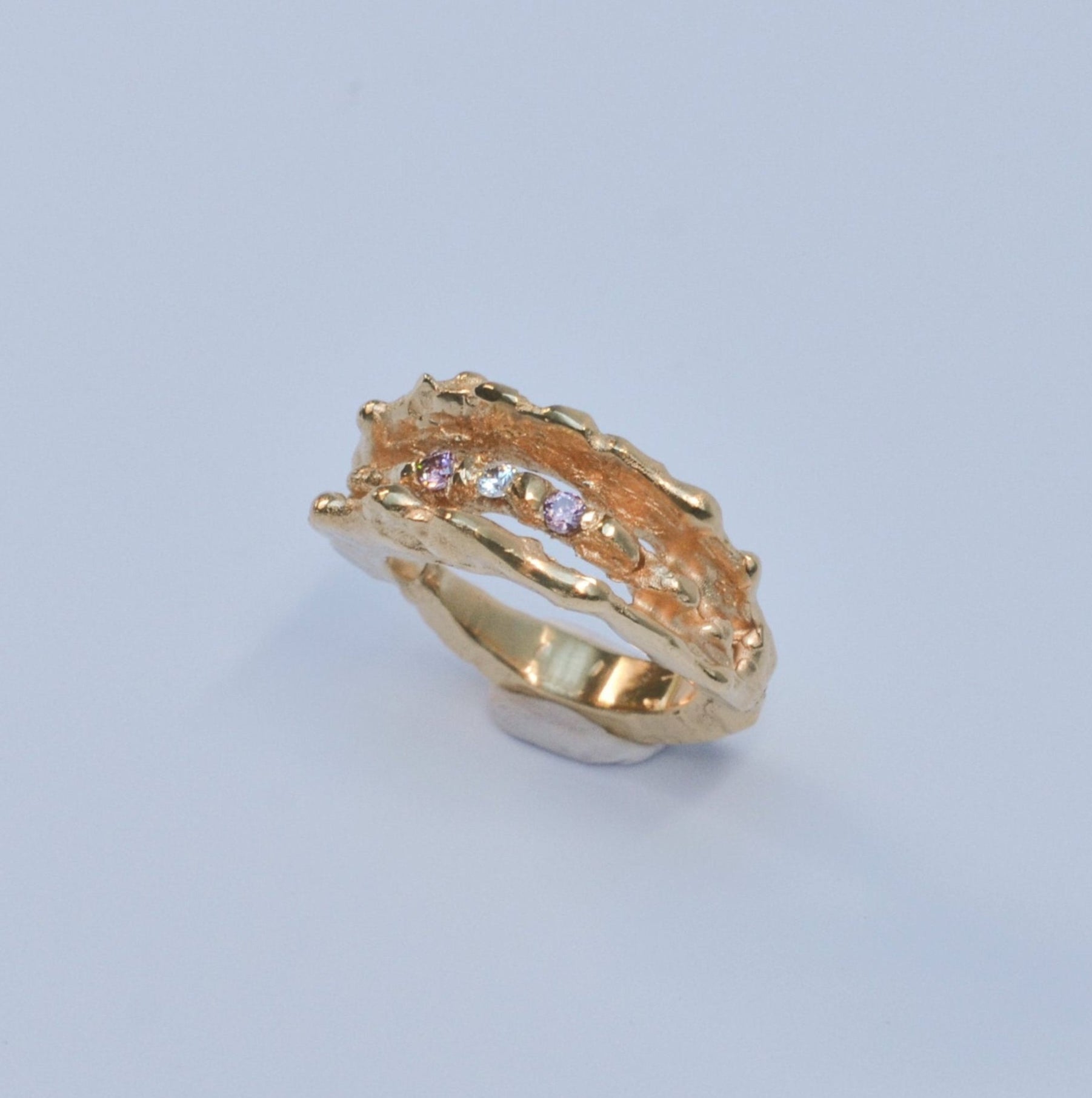 Unique Handmade Gold-plated Ring - Courants - orange with zirconias