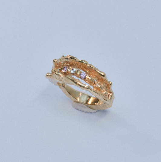 Unique Handmade Gold-plated Ring - Courants - orange with zirconias