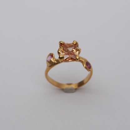 Golden Ring with Champagne Centerpiece and Pink Accents - Unique Piece