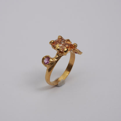 Golden Ring with Champagne Centerpiece and Pink Accents - Unique Piece