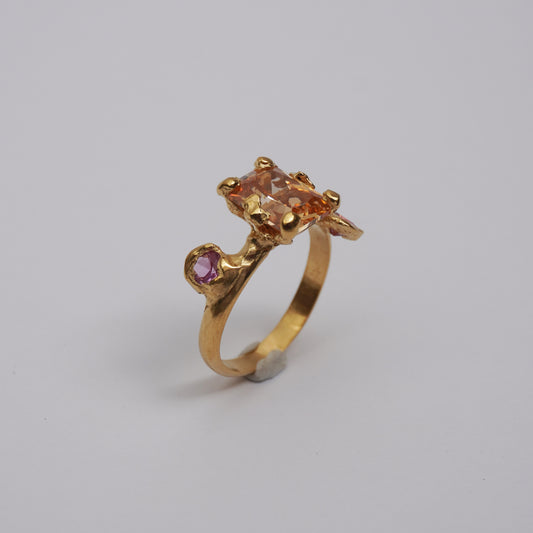 Golden Ring with Champagne Centerpiece and Pink Accents - Unique Piece