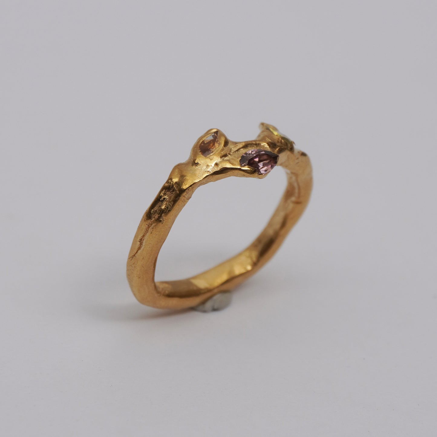 Gold Organic Ring with Three Stones – Unique Piece