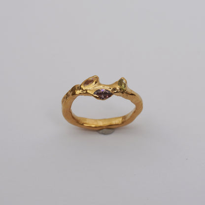 Gold Organic Ring with Three Stones – Unique Piece