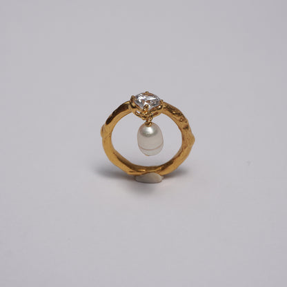 Gold Ring with Clear Stone and Pearl Drop – Unique Piece
