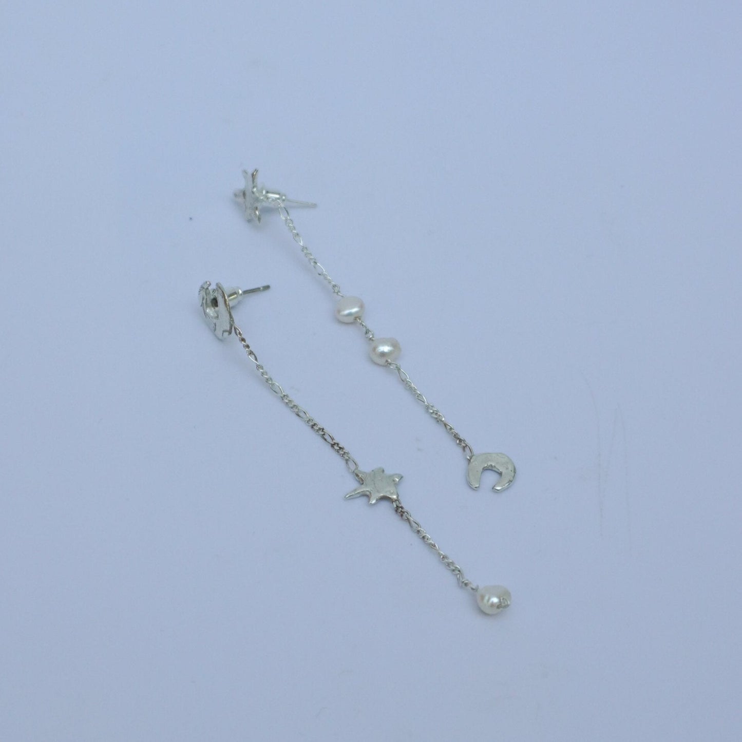 Bagliore notturno drop earrings small - silver, pearls, star, moon, handmade