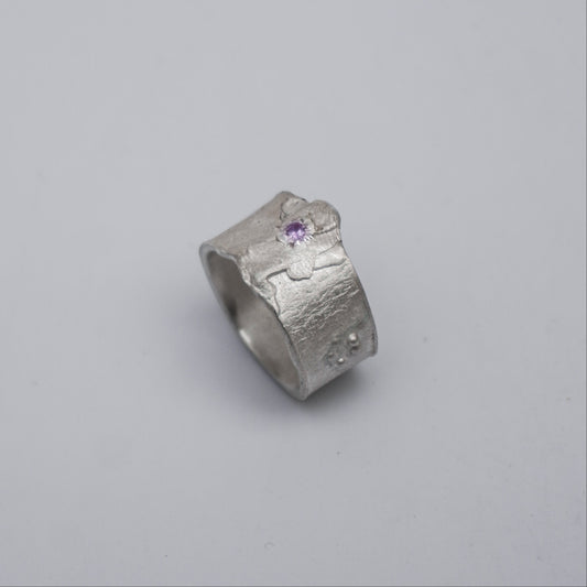 Silver Wide Band Ring with Violet Stone – Unique Piece