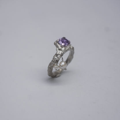 Silver Sculptural Ring with Violet Stone and Pearls – Unique Piece