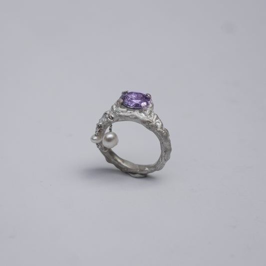 Silver Sculptural Ring with Violet Stone and Pearls – Unique Piece