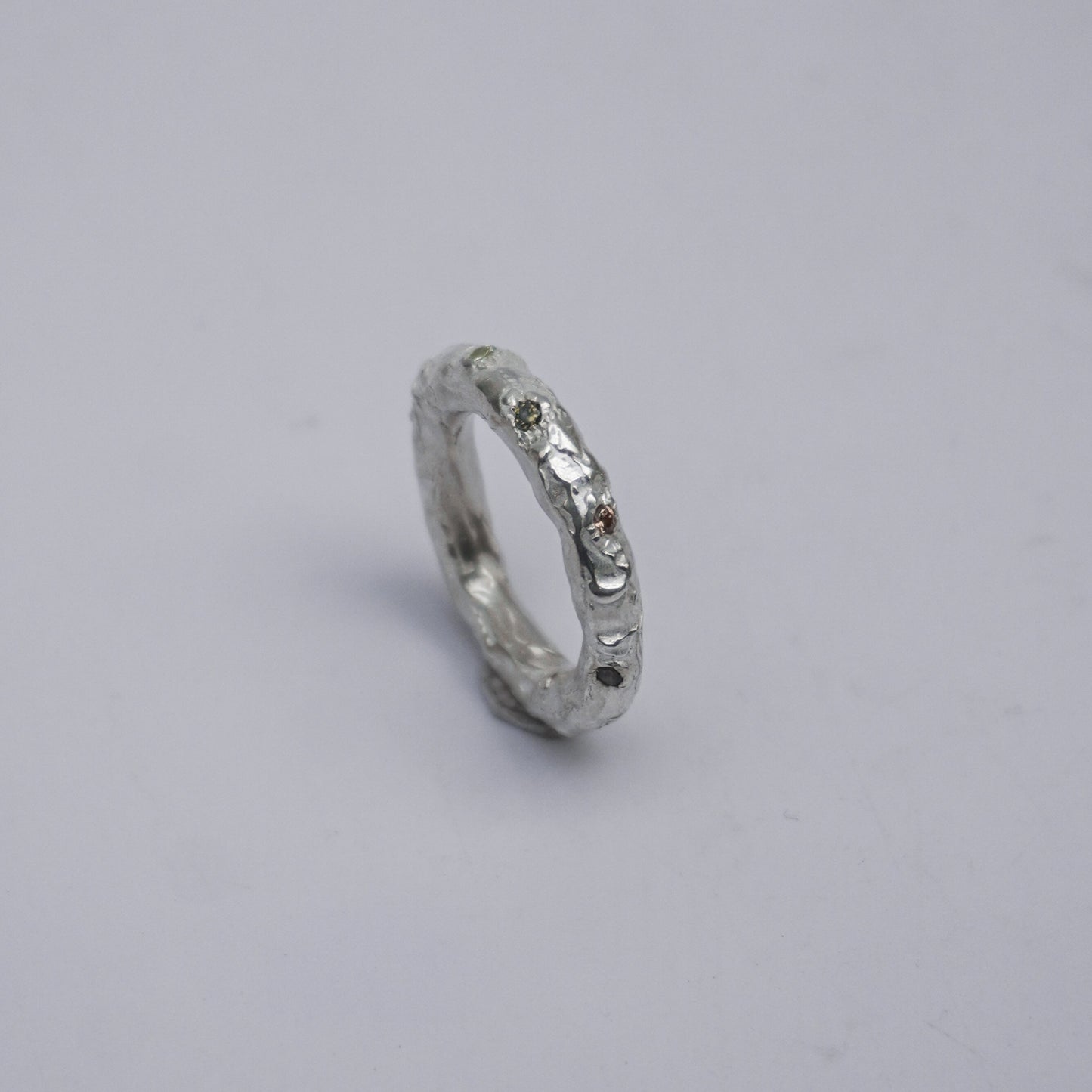 Silver Organic Textured Ring with Stones  – Unique Piece