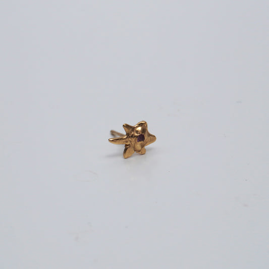 Gold, handmade, artisanal, celestial, organic, star-shaped earring small stud with purple stone