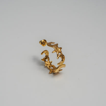 Gold hoop earring with organic moon and star design, celestial nature-inspired jewelry piece, handmade