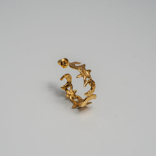 Gold hoop earring with organic moon and star design, celestial nature-inspired jewelry piece, handmade