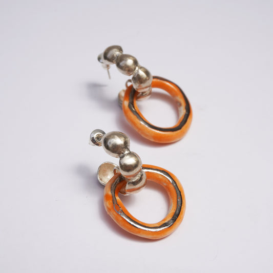 Dancing digging deep - Handmade Orange Porcelain Earrings with Hoop