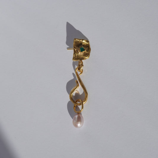Gold-plated handcrafted earring with organic sculptural element, green hand-set gemstone, and freshwater pearl
