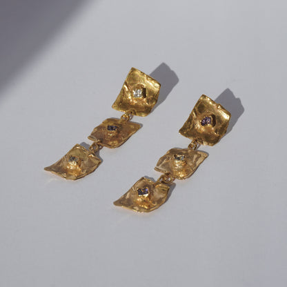Gold-plated handcrafted earrings with organic sculptural elements and hand-set gemstones