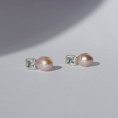 Handcrafted silver earrings with square light-blue gemstones and pink freshwater pearls