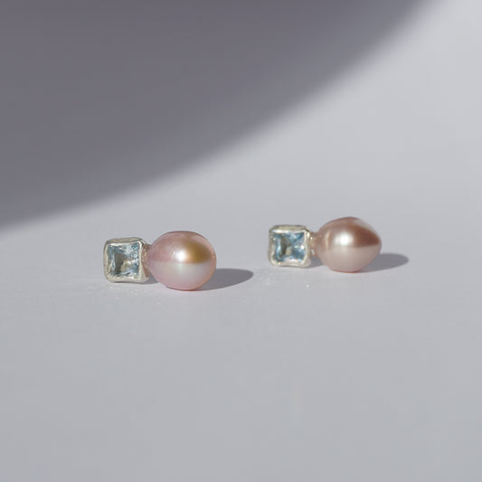 Handcrafted silver earrings with square light-blue gemstones and pink freshwater pearls