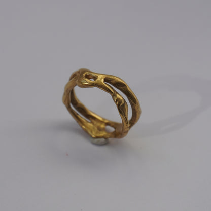 Handcrafted organic openwork gold-plated ring with sculpted natural shapes