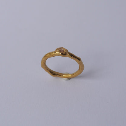 24k Gold Plated Organic Textured Ring with Champagne Stone