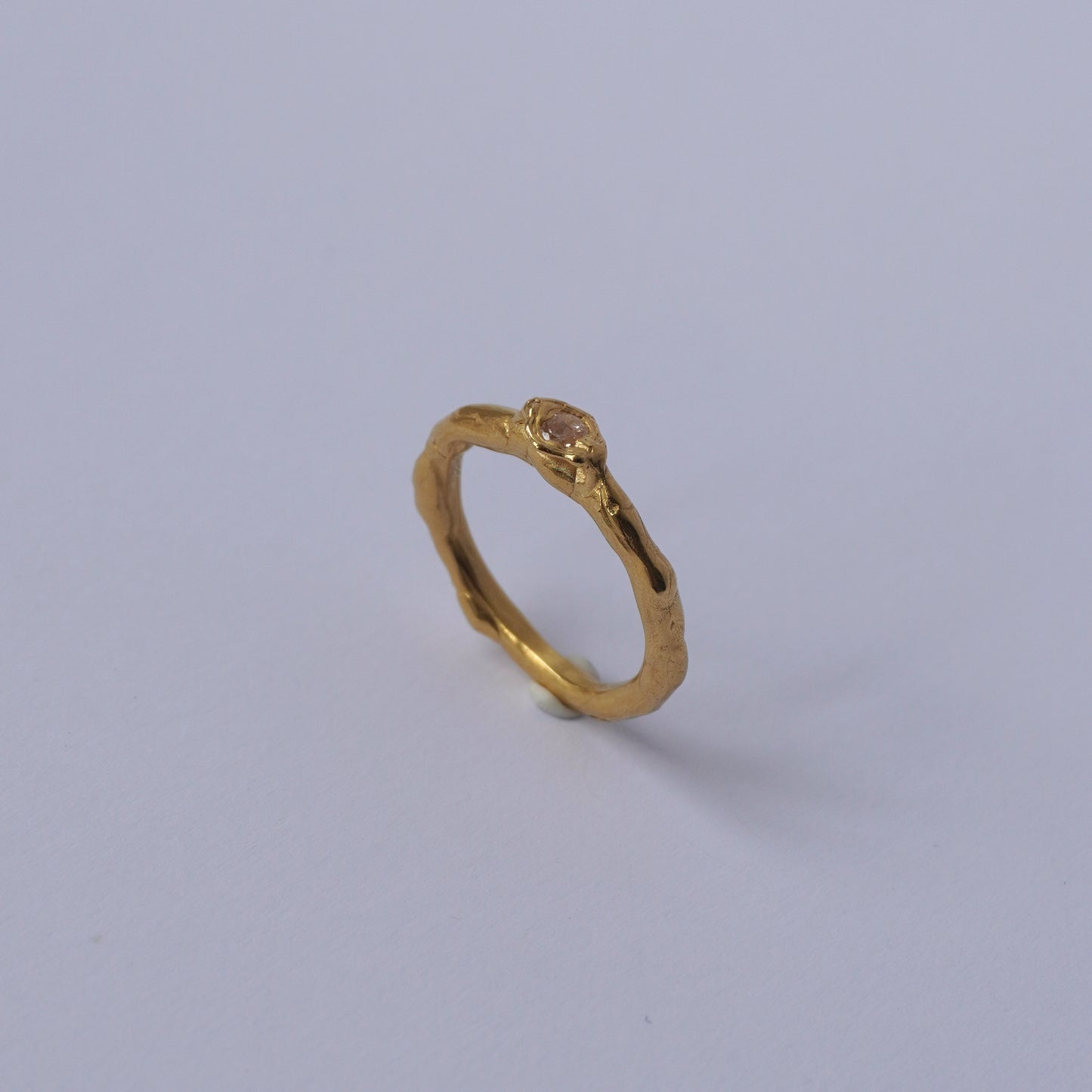 24k Gold Plated Organic Textured Ring with Champagne Stone