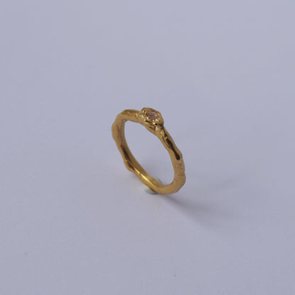 24k Gold Plated Organic Textured Ring with Champagne Stone