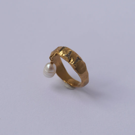 24k Gold Plated Ring with Stones and Pearl Drop