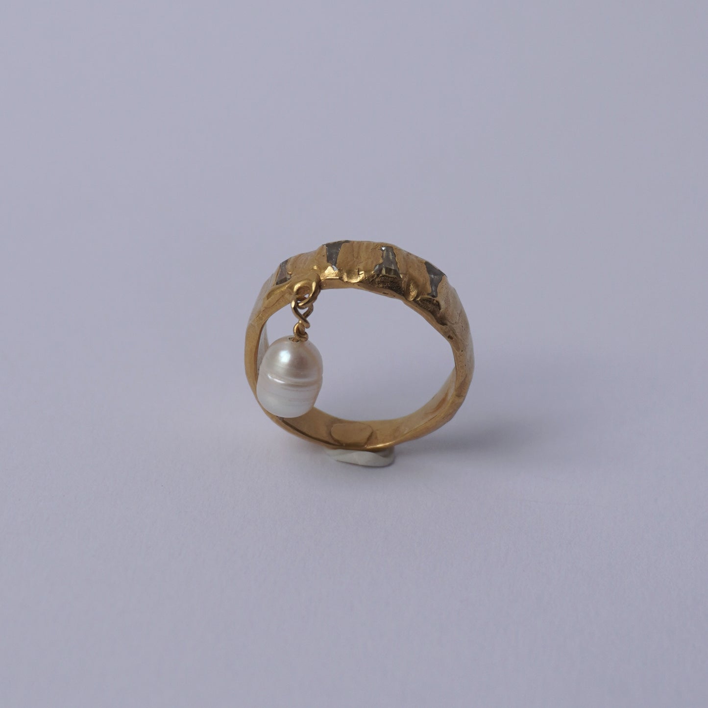 24k Gold Plated Ring with Stones and Pearl Drop