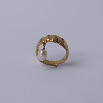 24k Gold Plated Ring with Stones and Pearl Drop