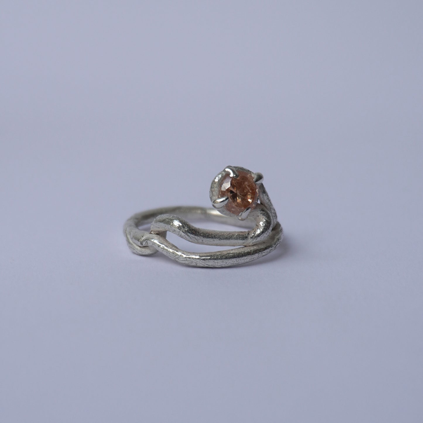 Twisted Band Silver Ring with Champagne Stone