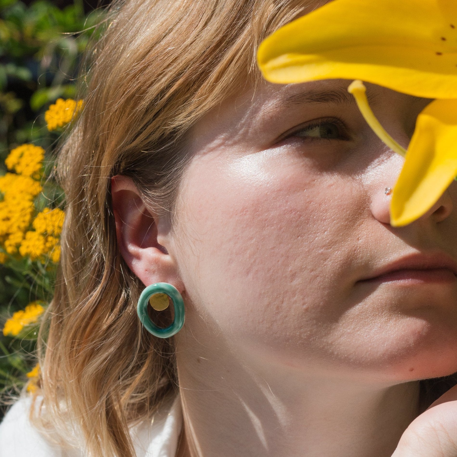 natures embrace porcelain earring stud gold hoop green 