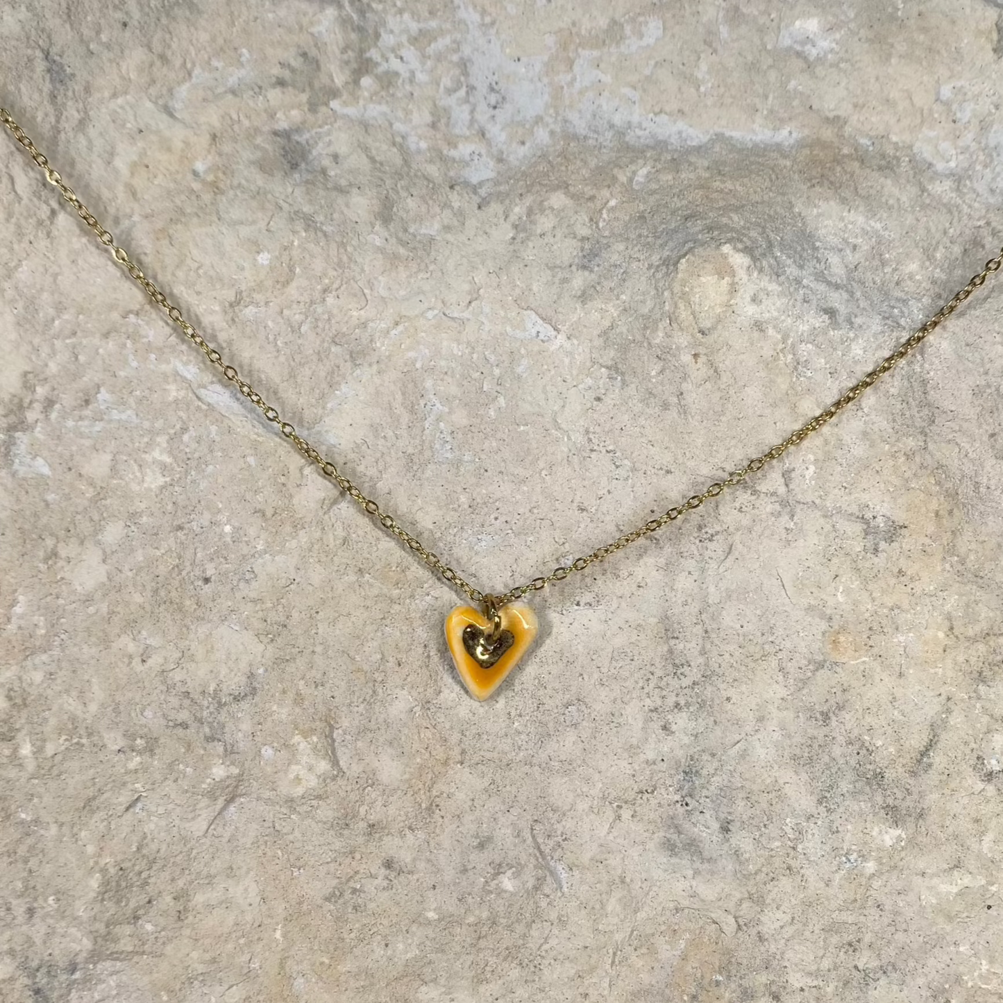 organic porcelain pendant necklace orange gold luster love heart