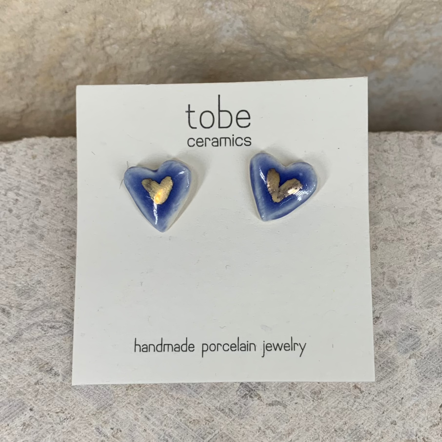organic porcelain stud earring love heart blue silver luster detail