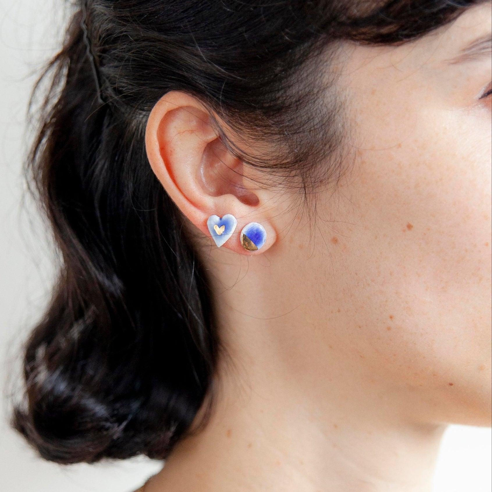 organic porcelain stud earring love simplicity blue gold luster detail