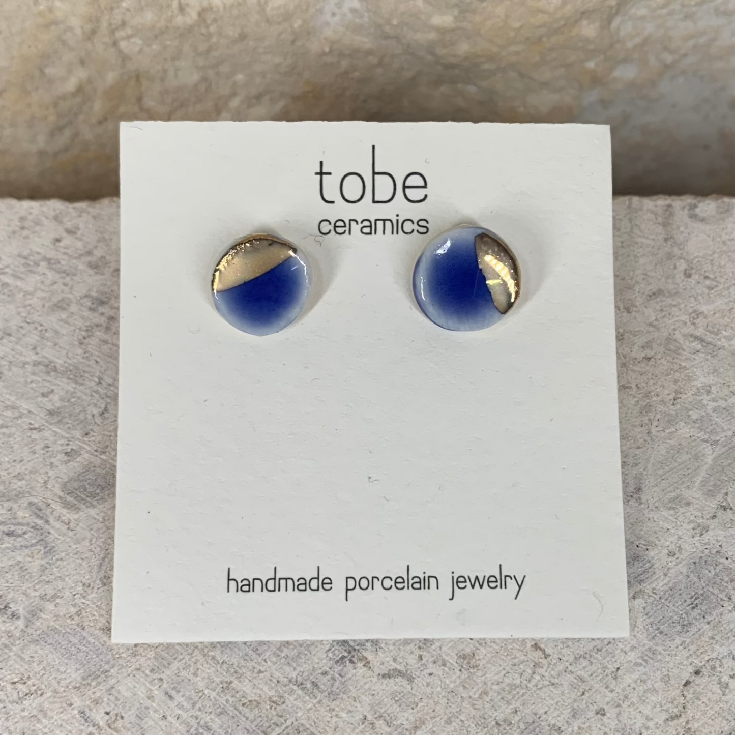 organic porcelain stud earring simplicity round blue silver luster detail