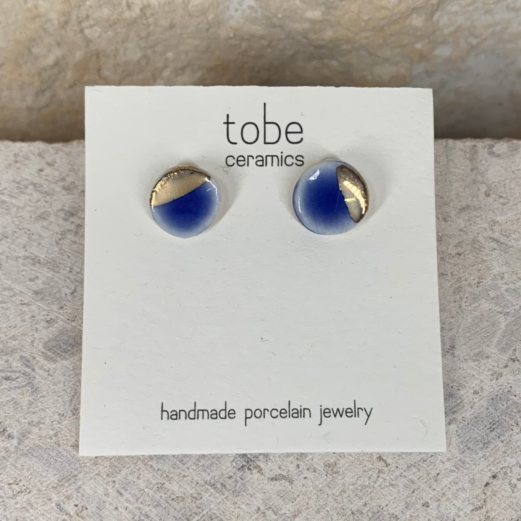 organic porcelain stud earring simplicity round blue silver luster detail