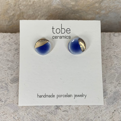 organic porcelain stud earring simplicity round blue silver luster detail