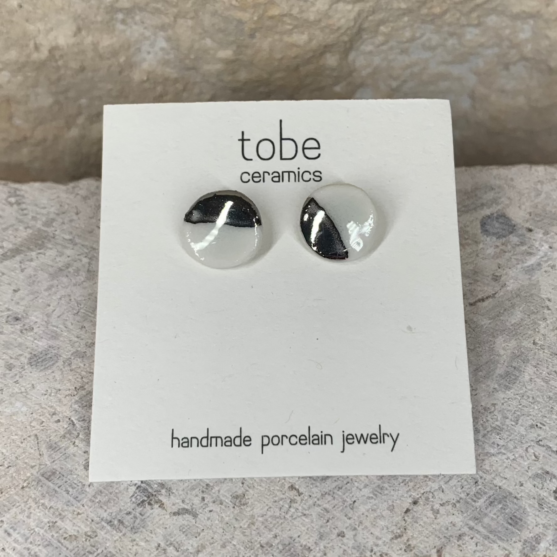 organic porcelain stud earring white kindndess round silver luster detail