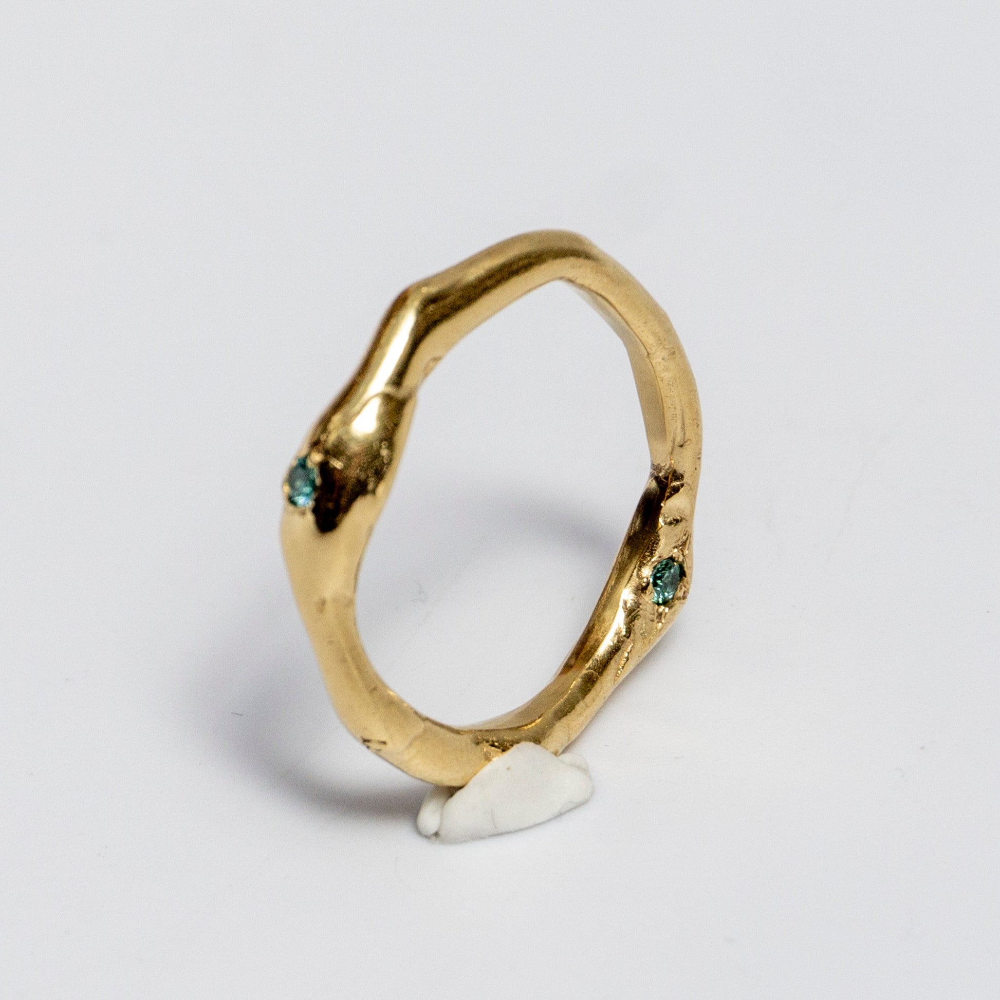 Unique piece - handmade ring using the lost wax technique - gold-plated brass and light blue zirconias