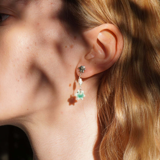 Silver stud drop earring with natural pearl and porcelain green pendant, kindness
