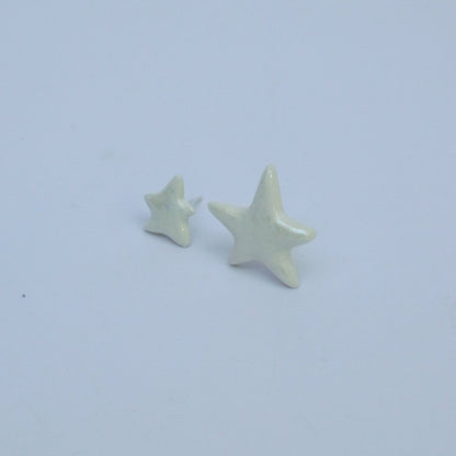 Sogni astrali porcelain stud earrings white small and big star, handmade